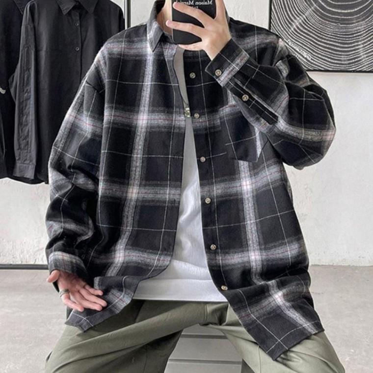 남성 캐주얼 체크 패턴 루즈 기모 그라데이션 남방 남자 셔츠 오버핏 20대 티셔츠 카라