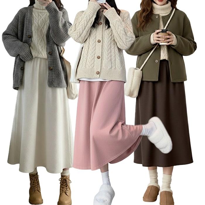 여성 코듀로이 기모 밴딩 롱스커트
