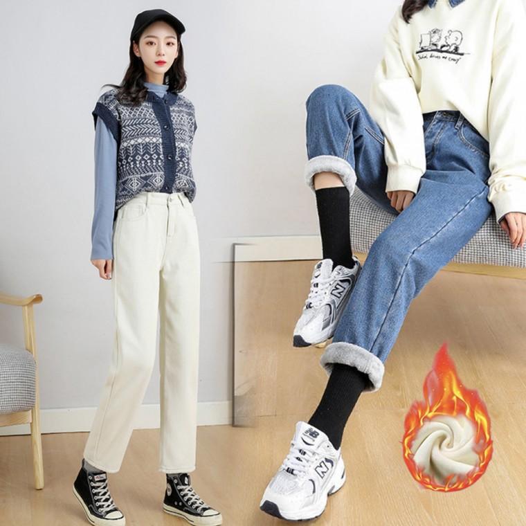여자 겨울 융 기모청바지 일자 뒷밴딩 9부 청바지 데님 팬츠 키작녀