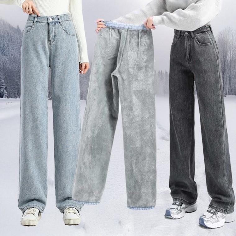 여자 기모 와이드청바지 데님팬츠 겨울 블랙진 연청 통 청바지