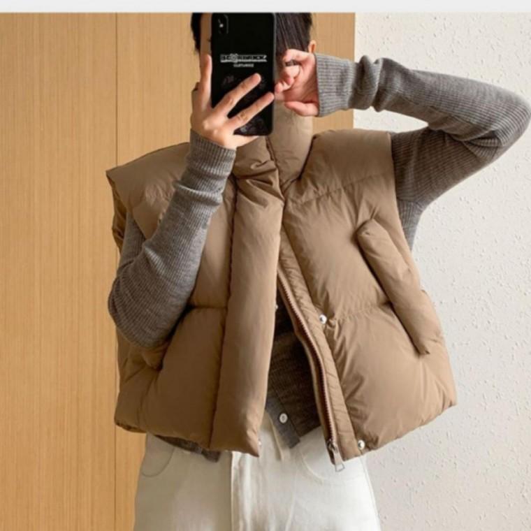 베스트 스트링 세미크롭 여성 패딩 하이넥 포켓 스트링조끼 조끼 패딩