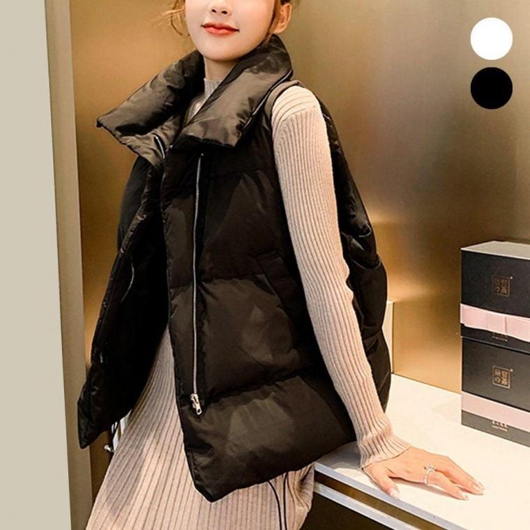 귀여운 여성 스타일 하이넥 오버핏 패딩 조끼 베스트 여자 겨울 캐주얼 따뜻한 사무실