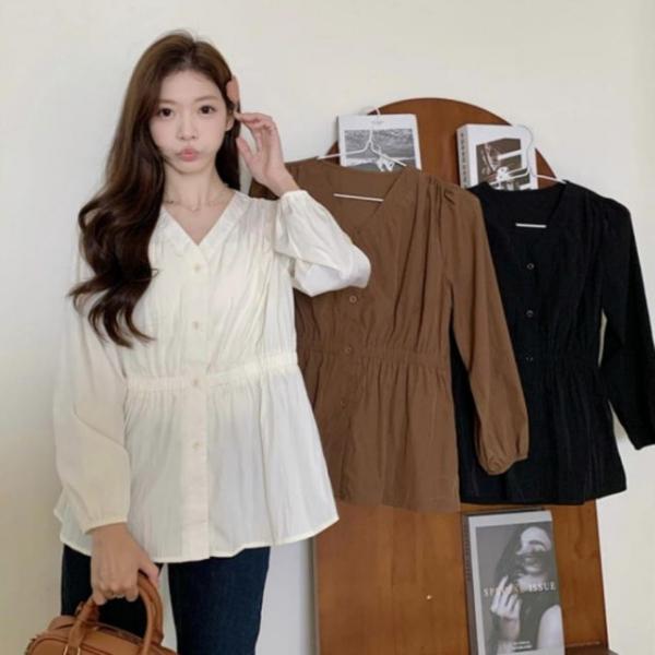 밴딩 블라우스 여성 가을 긴팔 V넥 심플 데일리