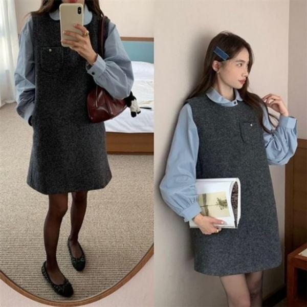 모직 민소매 미니 원피스 내추럴 데일리룩 가을신상