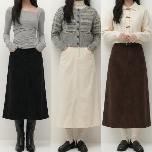 밑단 포인트 플리스기모 코듀로이 A라인 롱스커트