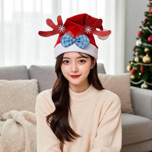 산타모자 크리스마스 루돌프 모자 사슴뿔 리본 레드