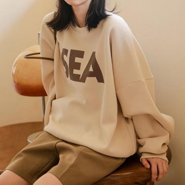 기모 루즈핏 레터링 SEA 티셔츠 여성 긴팔 맨투맨