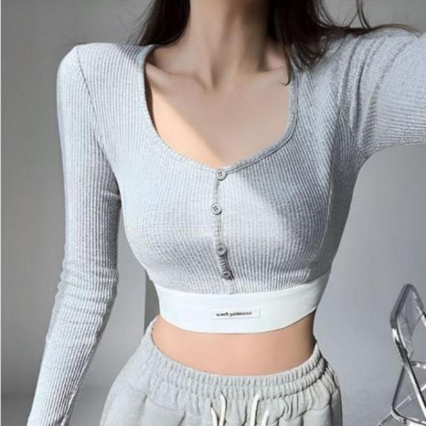 크롭 티셔츠 여성 골지 슬림핏 밴딩 단추 섹시한
