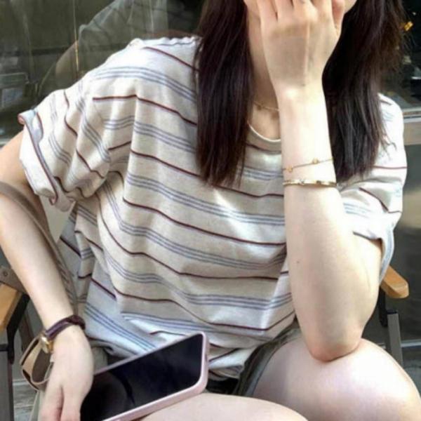 루즈핏 스트라이프 여성 반팔 티셔츠 캐주얼 여유핏 단가라티