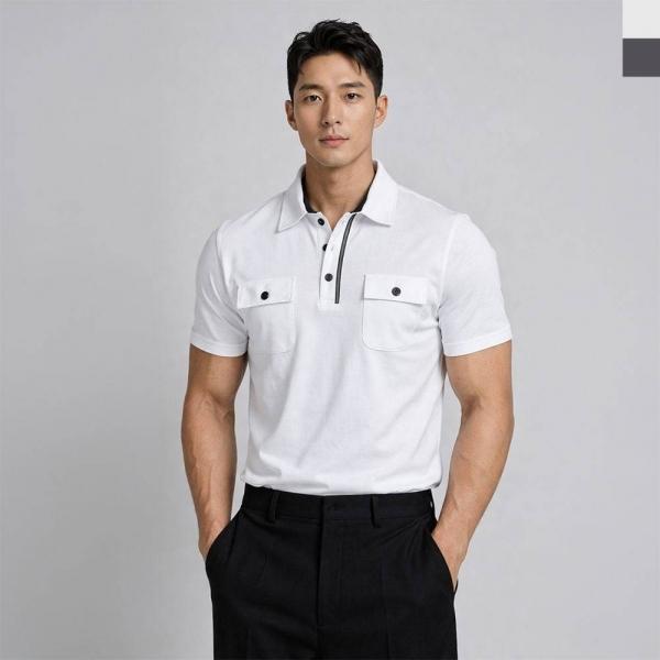 데일리 남용공용 더블 포켓 반팔 카라 티셔츠 반팔티 라운드티