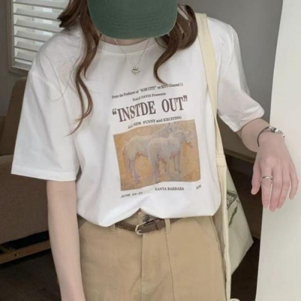 여성 루즈핏 프린팅 빈티지 박스티셔츠