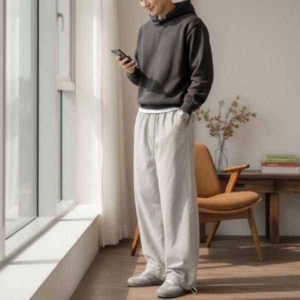 면바지 남성 다트 와이드 바지 벌룬핏 팬츠 스트링 포켓