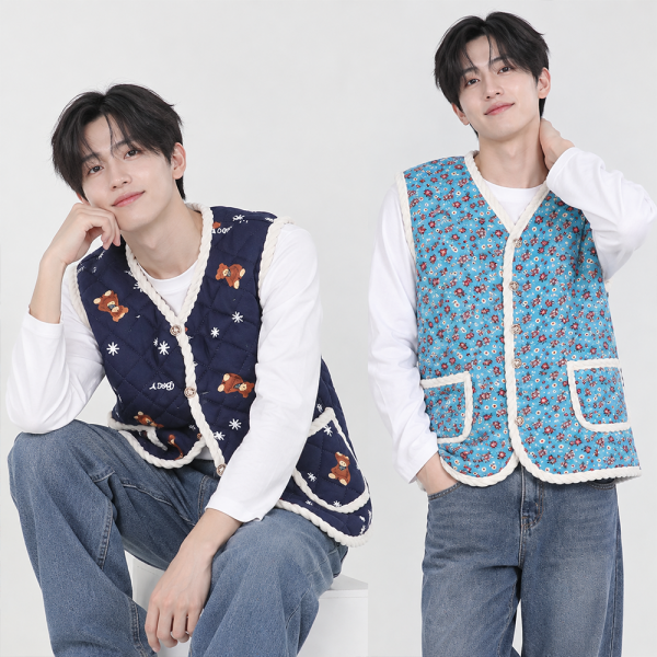 남성 여성 빅사이즈 겨울 조끼 패턴 곰돌이 꽃조끼 촌캉스룩 밍크안감 털안감 도톰한 방한조끼 김장룩