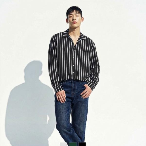 남자 오픈카라 스트라이프 셔츠 긴팔 캐주얼