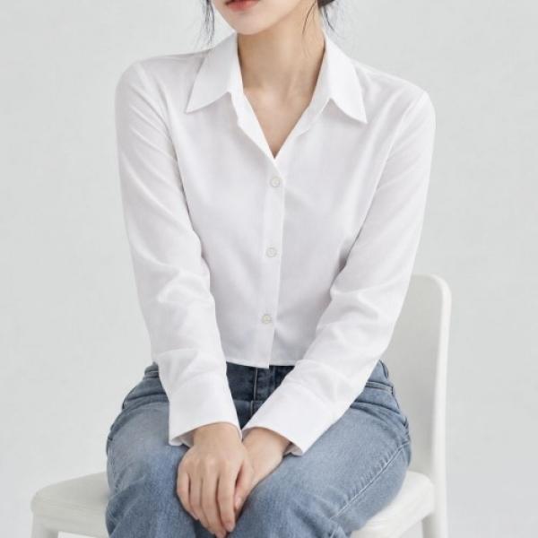 뒷밴딩 베이직 카라 크롭 셔츠 UJS-271
