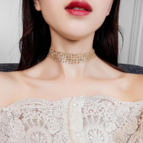 글리터 스팽글 초커 목걸이 짧은 쇄골 체인 넥 목줄 스트랩