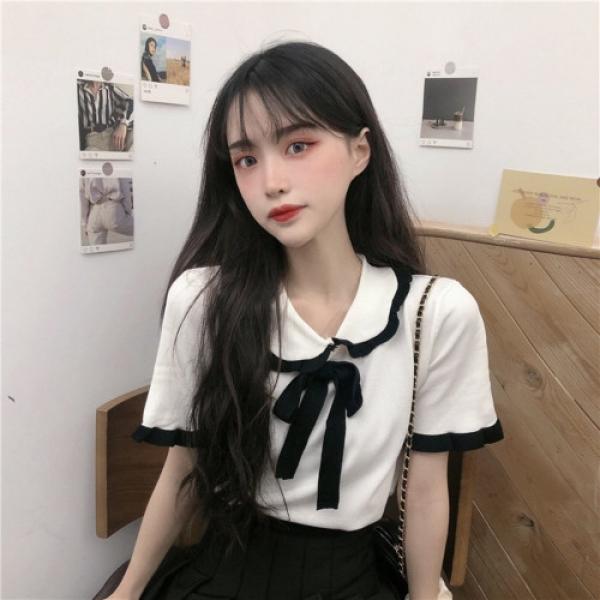 레이스 카라 리본 반팔티 URD-042